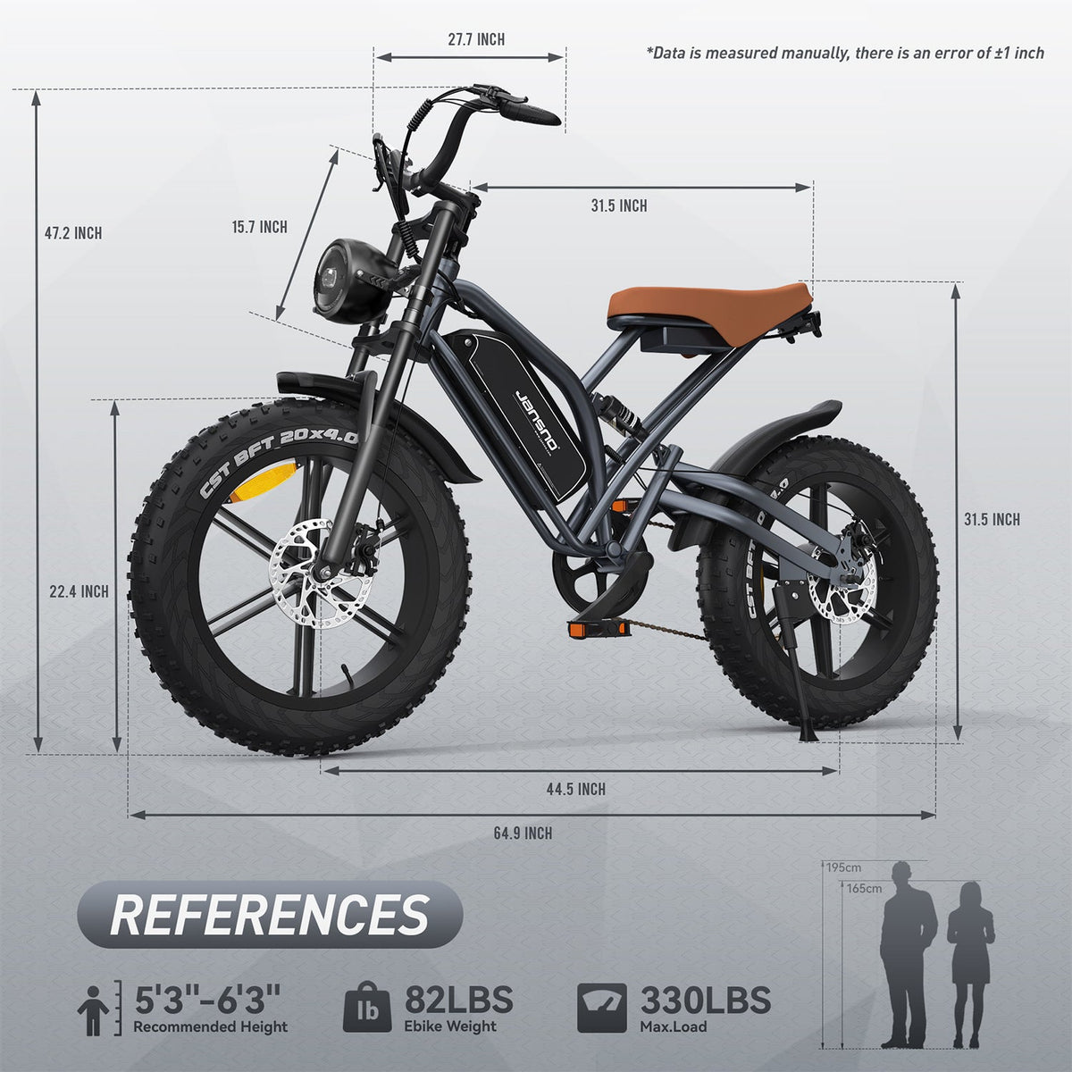 The size of the Jansno X50 mountain bike and the height suitable for riders.